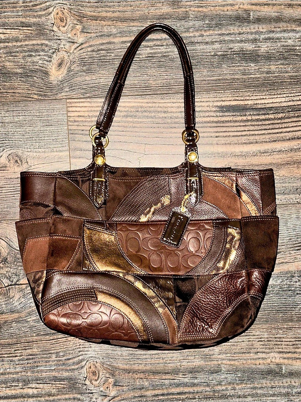 Y2K (2008-2010) Coach Ocelot Signature East West Tote Brown Patchwork - F15459